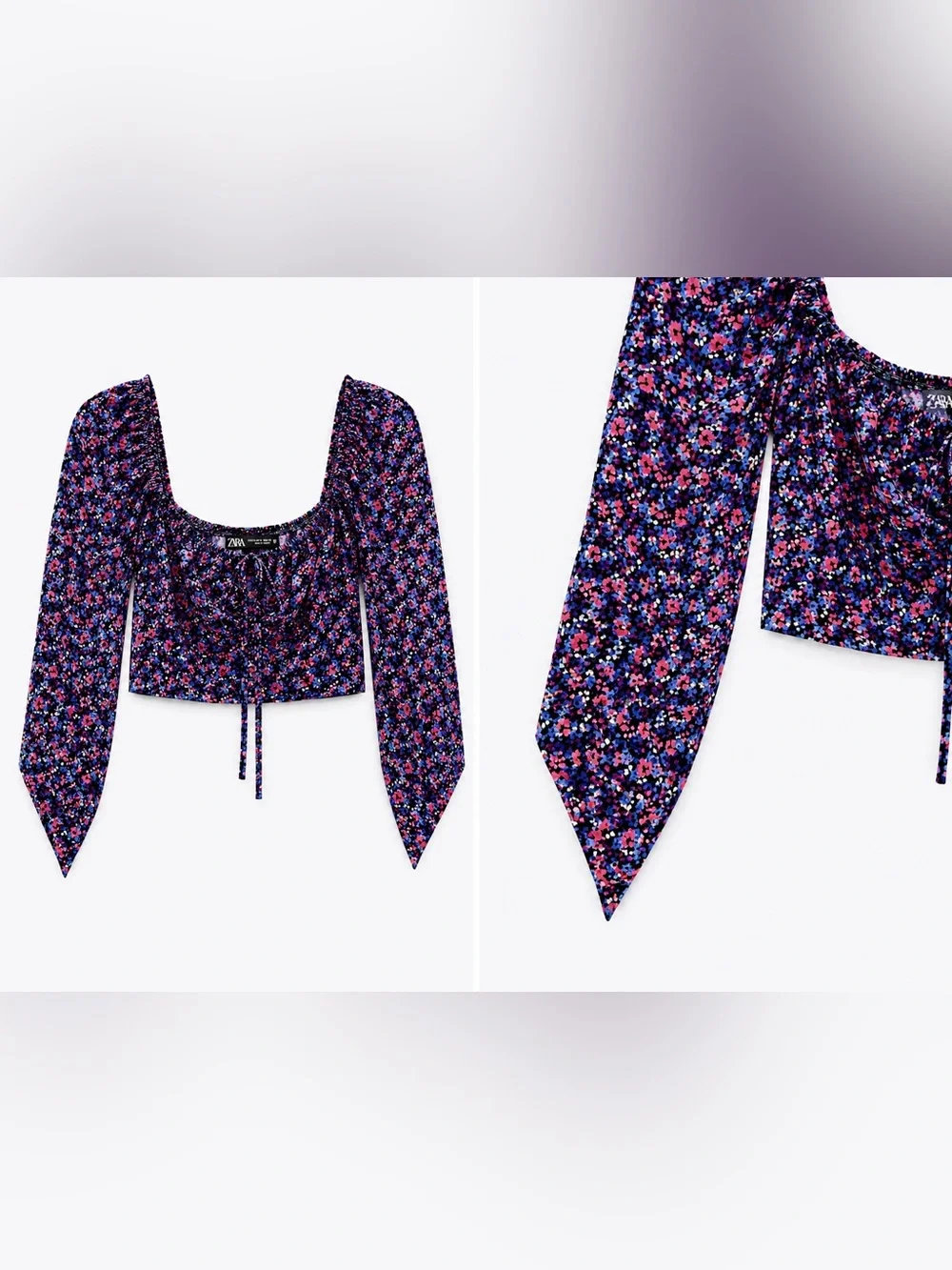 ZARA Women’s Floral Square-Neck Long-Sleeve Crop Top in Multi-Color